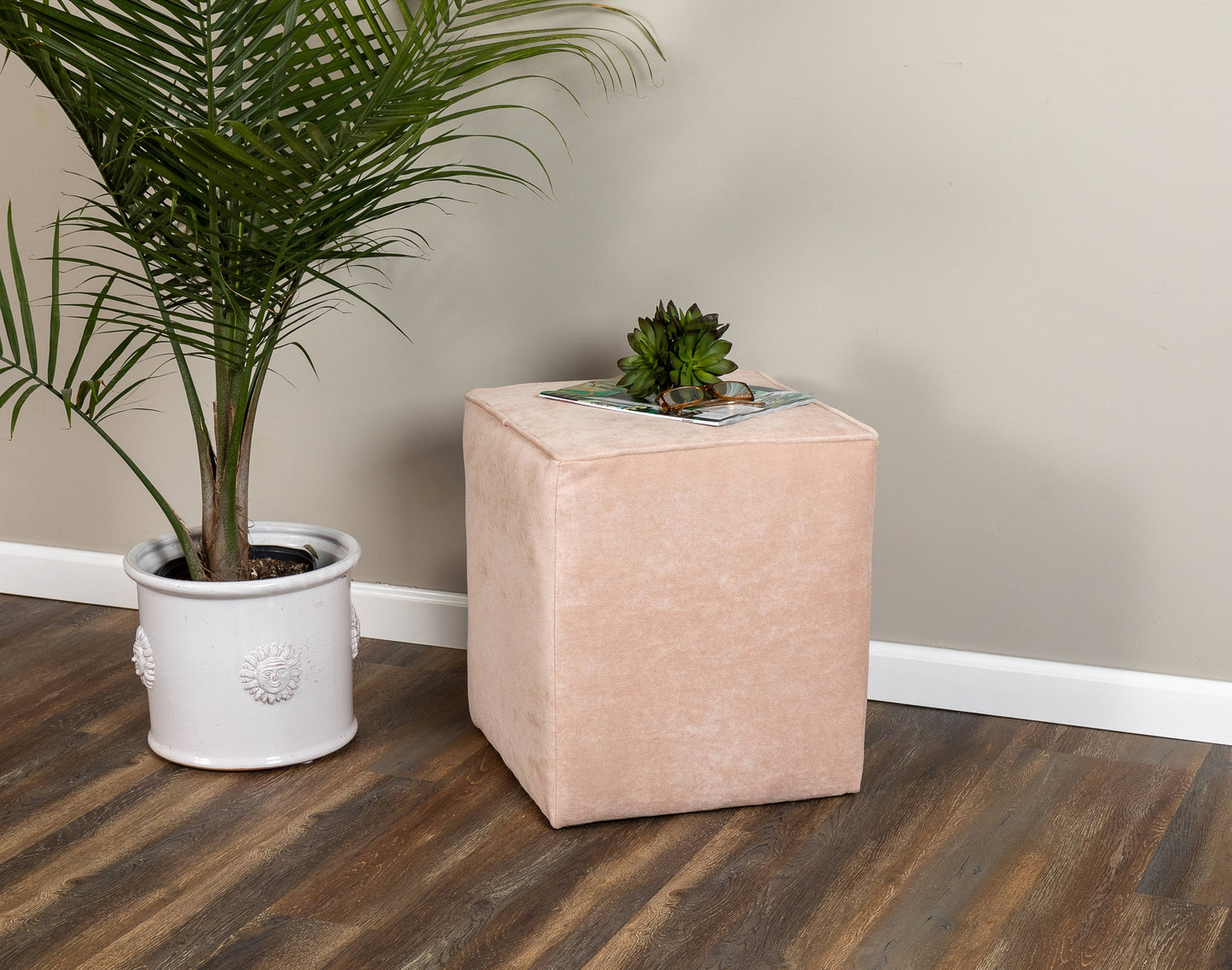 Leffler Home Harper Upholstered Cube Ottoman in Hearth Rosedust